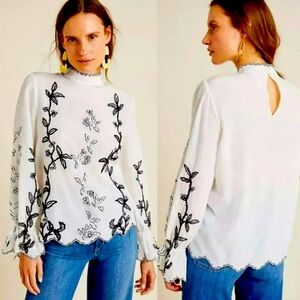 Not So Serious White Blouse with Black Embroidered Flowers High Neck